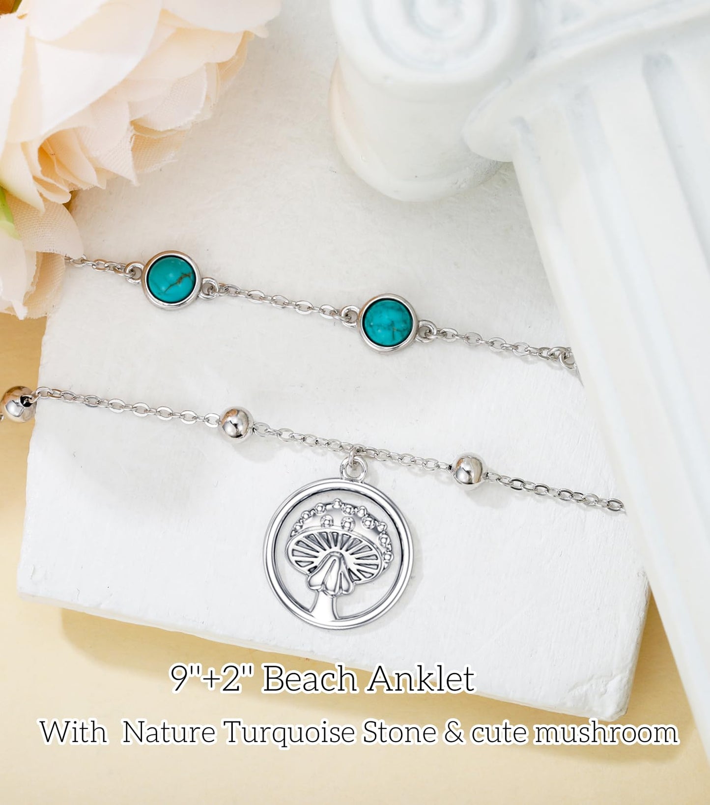 Genuine Turquoise Anklet with mushroom, Sterling Silver Summer Beach Dainty Bohemia Nature Gemstone Jewelry for Women, 9+2''