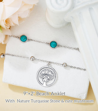 Genuine Turquoise Anklet with mushroom, Sterling Silver Summer Beach Dainty Bohemia Nature Gemstone Jewelry for Women, 9+2''