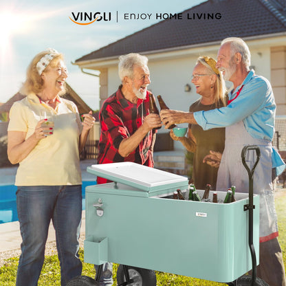 VINGLI 80 Quart Wagon Rolling Cooler Ice Chest, Patio Cooler w/Long Handle and 10" Wheels, Beach Patio Party Bar Cold Drink Beverage Cart