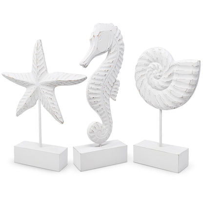 Gift Boutique 3Pcs Beach Nautical Style Figurines Wooden Tabletop Decor - Seahorse, Starfish & Conch Statue on Stands for Home, Beach House, Ocean Coastal Decorations