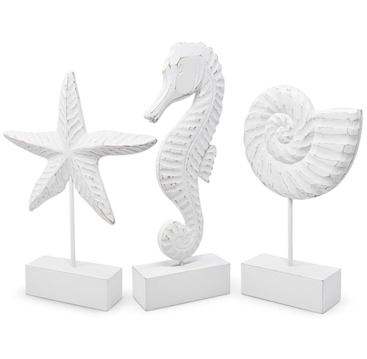 Gift Boutique 3Pcs Beach Nautical Style Figurines Wooden Tabletop Decor - Seahorse, Starfish & Conch Statue on Stands for Home, Beach House, Ocean Coastal Decorations