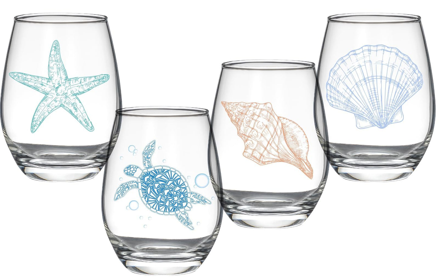 Ocean Themed Stemless Wine Glasses, Set of 4 Seashore Glassware - Sea Turtle, Starfish, Seashell, Conch Shell Assortment, Wine Gifts for Coastal Beach Lovers, Birthday Gifts for Women Mothers Day