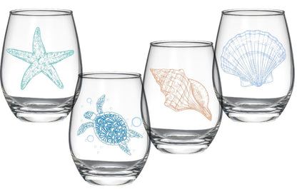 Ocean Themed Stemless Wine Glasses, Set of 4 Seashore Glassware - Sea Turtle, Starfish, Seashell, Conch Shell Assortment, Wine Gifts for Coastal Beach Lovers, Birthday Gifts for Women Mothers Day