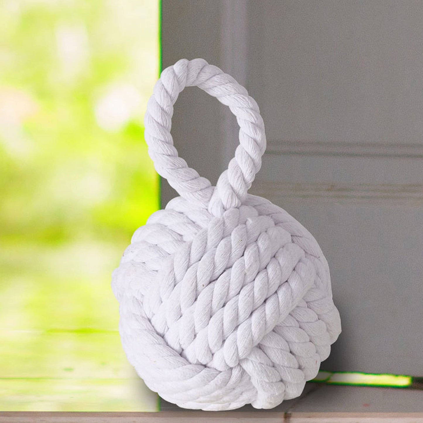 Nautical Knot Door Stopper, Set of 2, Grey and White, Natural Jute Rope, Hand Tied, Loop Handle, 6 D x 9 H inches, Weighted, 5.5 Pounds Together