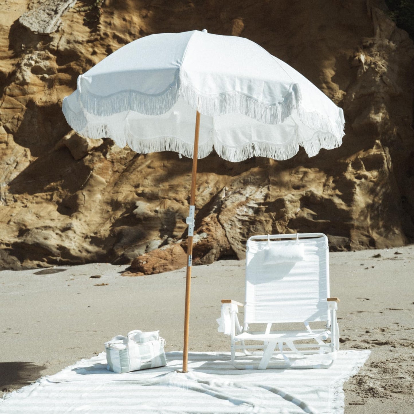 Business & Pleasure Co. Holiday Umbrella - Boho Beach Umbrella with White Fringe, UPF 50+, 1" Tilting Wood Pole, 5’ x 6.5’, Antique White