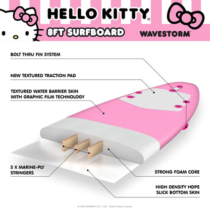 Hello Kitty 8ft Surfboard by Wavestorm | Graphic top Deck with high Density Slick Bottom | for Kids and Adults | Foam Construction with Accessories | Includes Basic Leash