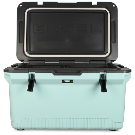 ENGEL 60 QT Ultra-Light Injection Molded Cooler - Ice Chest Keeps Ice up to 7 Days - Large Cooler Includes Wire Basket, Divider and Built-in Bottle Opener - Seafoam with Dark Grey Interior (Seafoam)