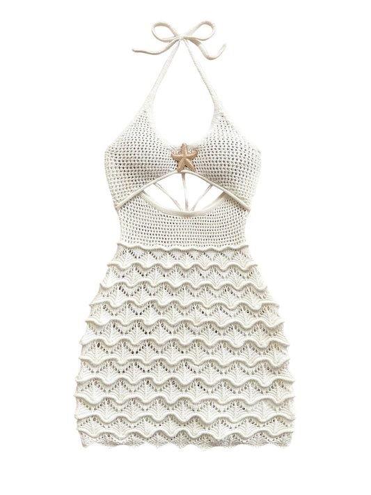 GORGLITTER Women's Crochet Halter Knit Bubble Backless Dresses Summer Vacation Festival Cruise Hawaii Beach Outfits White Textured Large