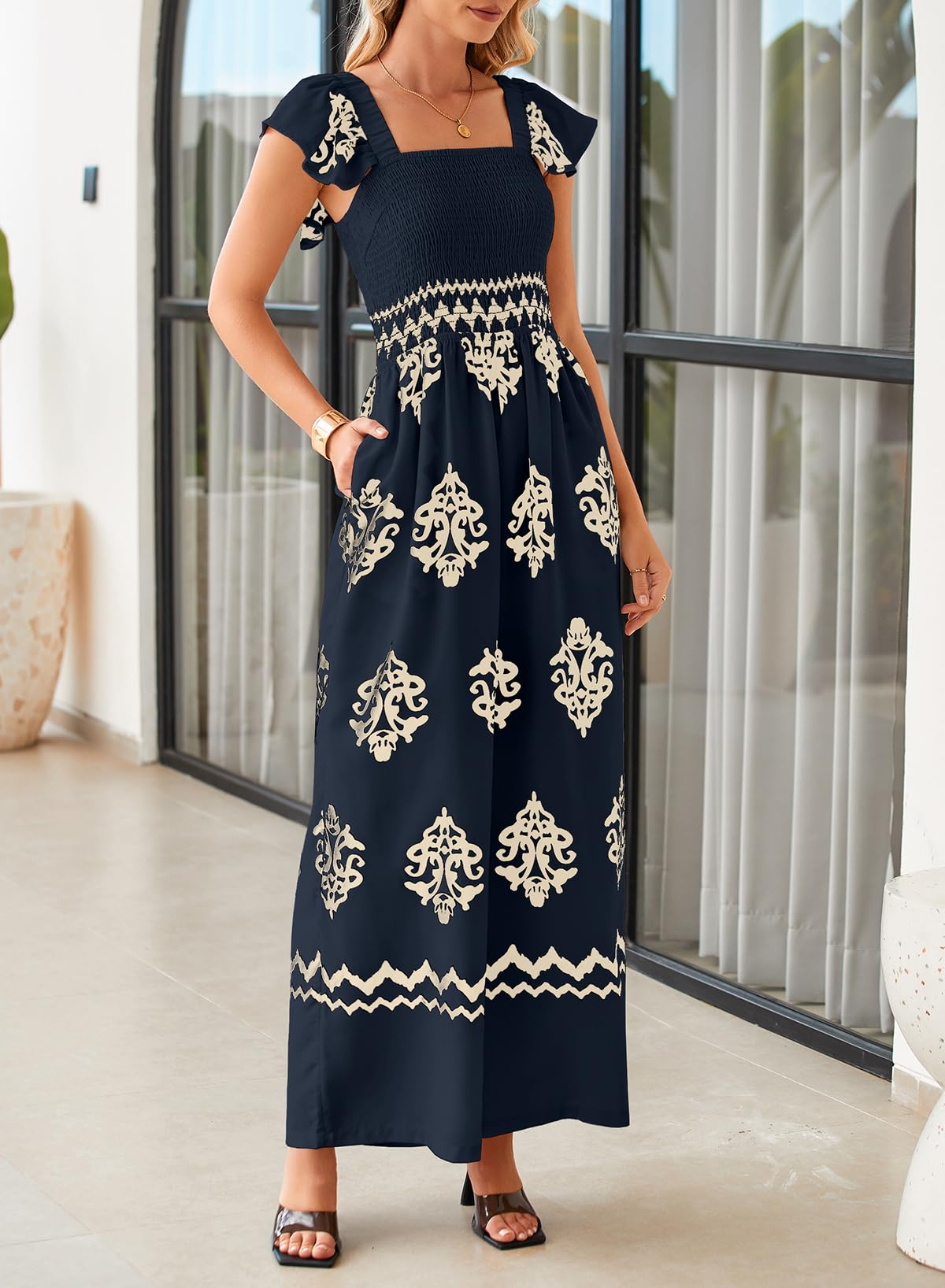 Happy Sailed Women's Jumpsuits Summer Square Neck Floral Printed Boho Jumpsuit Wide Leg Long Pants Rompers for Women Dressy Casual Overalls Beach Fashion Cruise Outfits for Women 2026 Dark Blue L