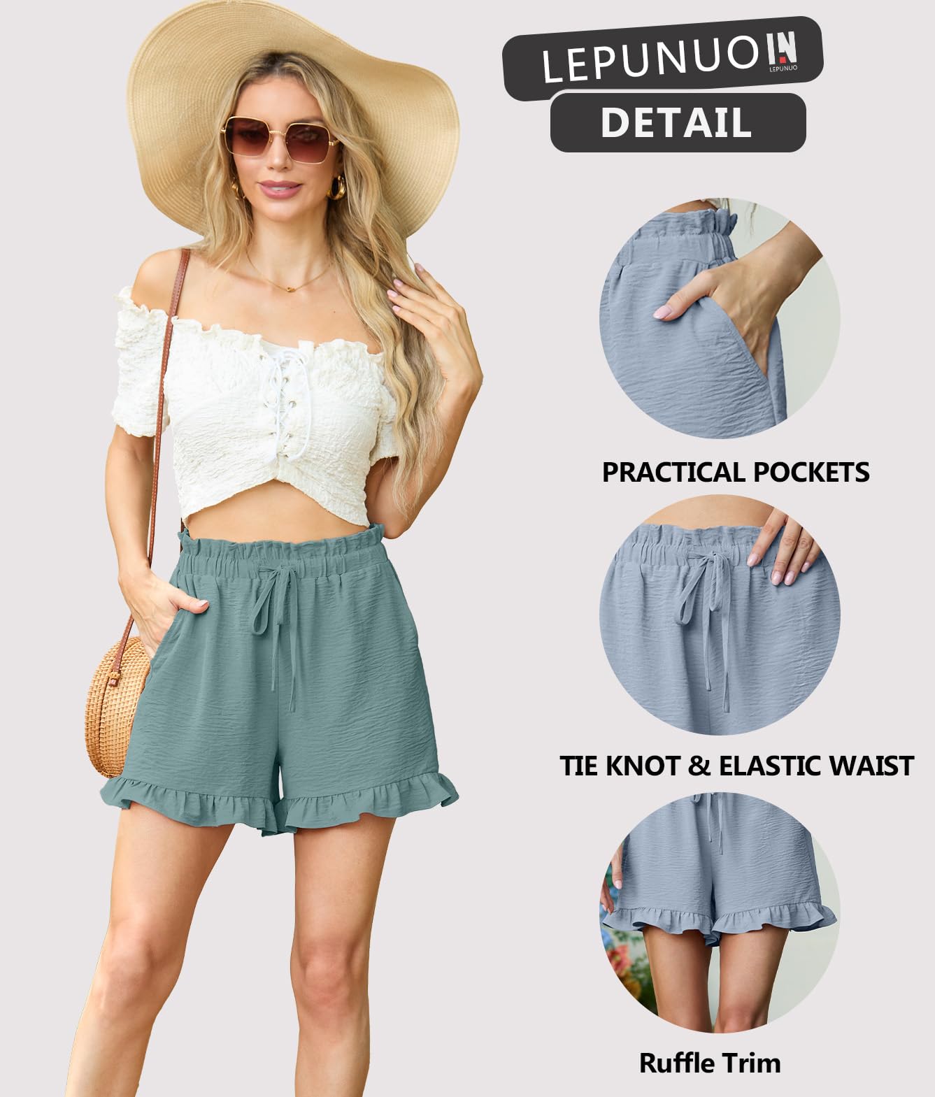 Lepunuo High Waisted Womens Casual Wide Leg Shorts Drawstring Cute Casual Summer Beach Shorts with Pockets