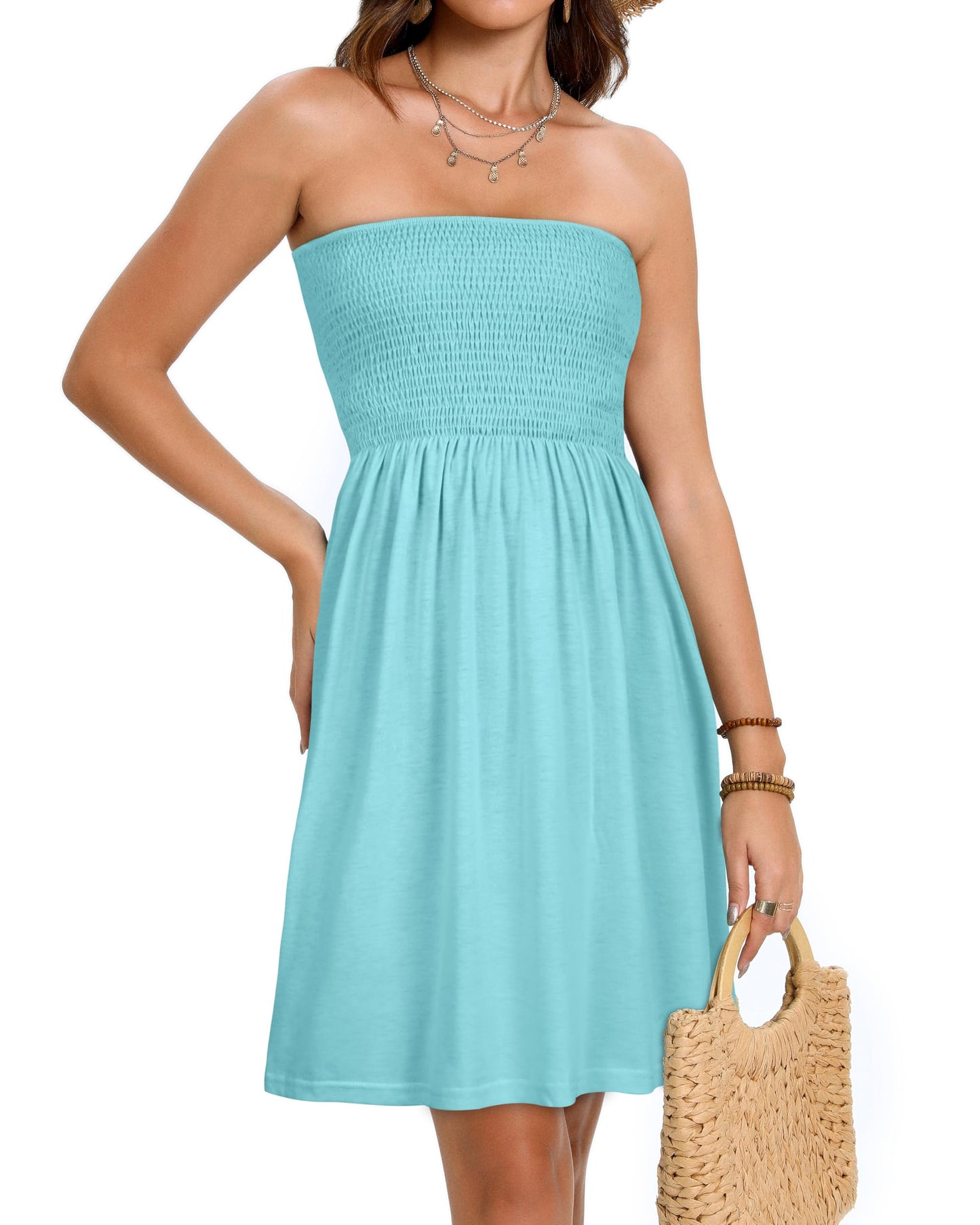 Summer Dresses for Women Strapless Casual Beach Cover Ups Tube Top Sundress（Aqua Blue, 2XL