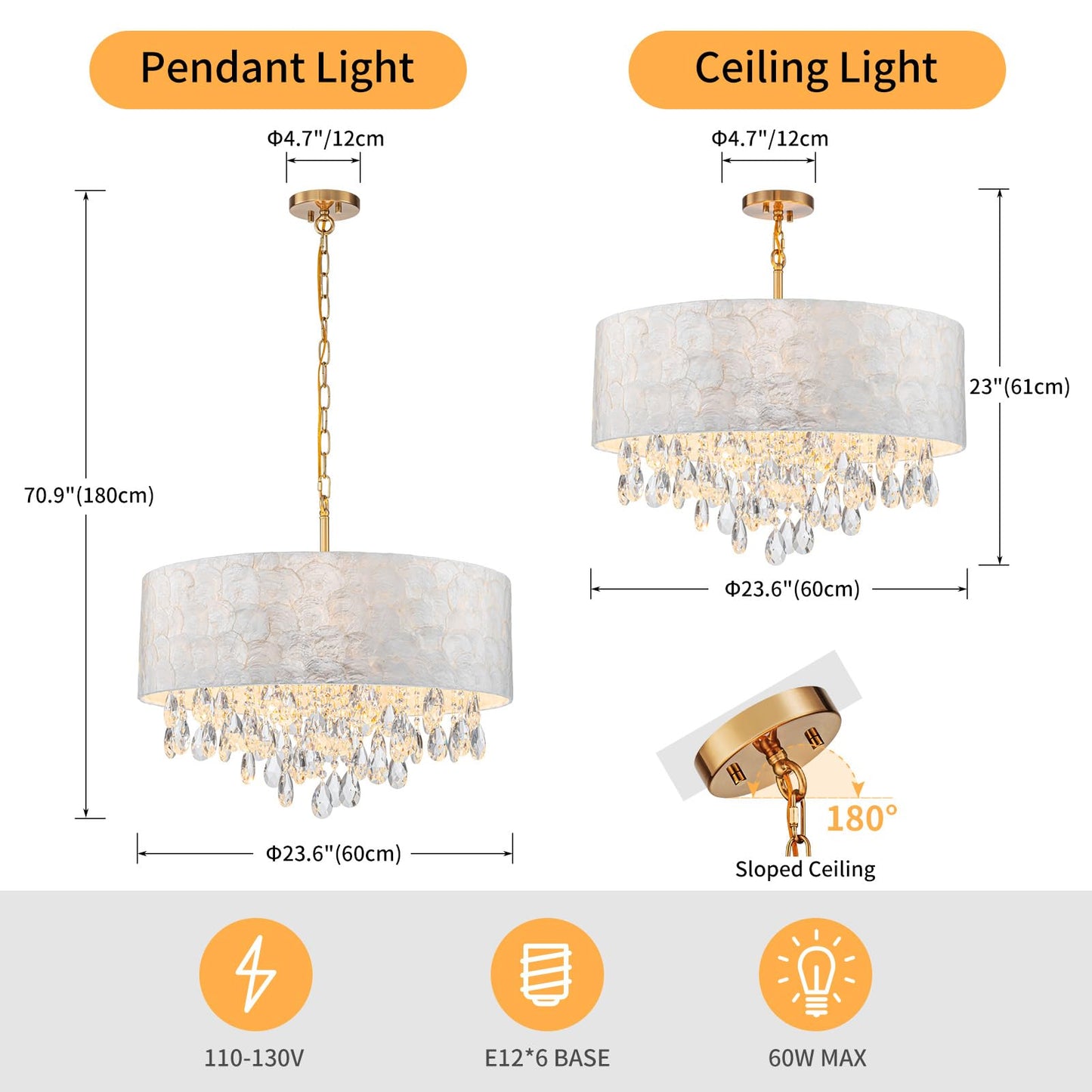 LumFurn 6-Light Drum Capiz Shell Crystal Chandeliers, Coastal Style Pendant Light Fixture for Dining Room, Living Room, D24 x H23~71 inch(Adjustable), Shell Lampshade & Gold Finish