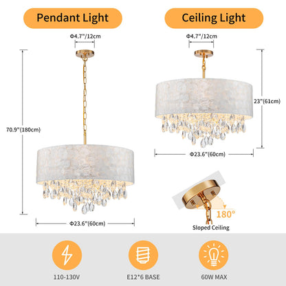 LumFurn 6-Light Drum Capiz Shell Crystal Chandeliers, Coastal Style Pendant Light Fixture for Dining Room, Living Room, D24 x H23~71 inch(Adjustable), Shell Lampshade & Gold Finish
