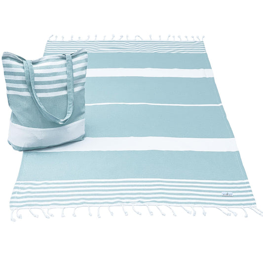 Cohzi Turkish Beach Towel and Tote - Lightweight Beach Bag and Turkish Towel Set. Pool Towel and Carry Bag. Great for Travel, Picnic, Summer Essentials. Aqua