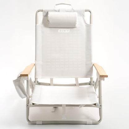 SUN'Y Escapes Backpack Beach Chair - Made w/Ocean Bound Plastics, Customizable w/MOLLE Accessories, Ultra Lightweight, Low-Seat Natural Comfort, Durable, Rust Free & Waterproof - Seashell White