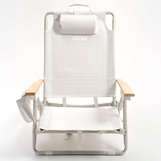 SUN'Y Escapes Backpack Beach Chair - Made w/Ocean Bound Plastics, Customizable w/MOLLE Accessories, Ultra Lightweight, Low-Seat Natural Comfort, Durable, Rust Free & Waterproof - Seashell White