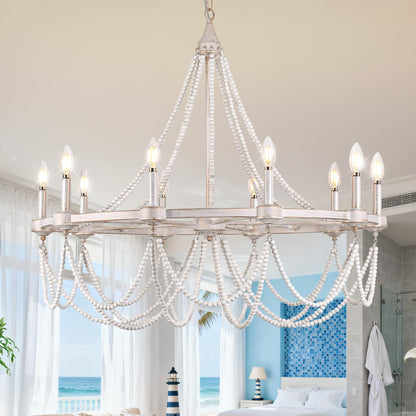 COCOSTAR Large Beaded Dining Room Light Fixture, 36" White Farmhouse Chandelier, French Country Wagon Wheel Chandelier, Coastal Boho Hanging Lighting for High Ceiling,10xE12 Candle Lights