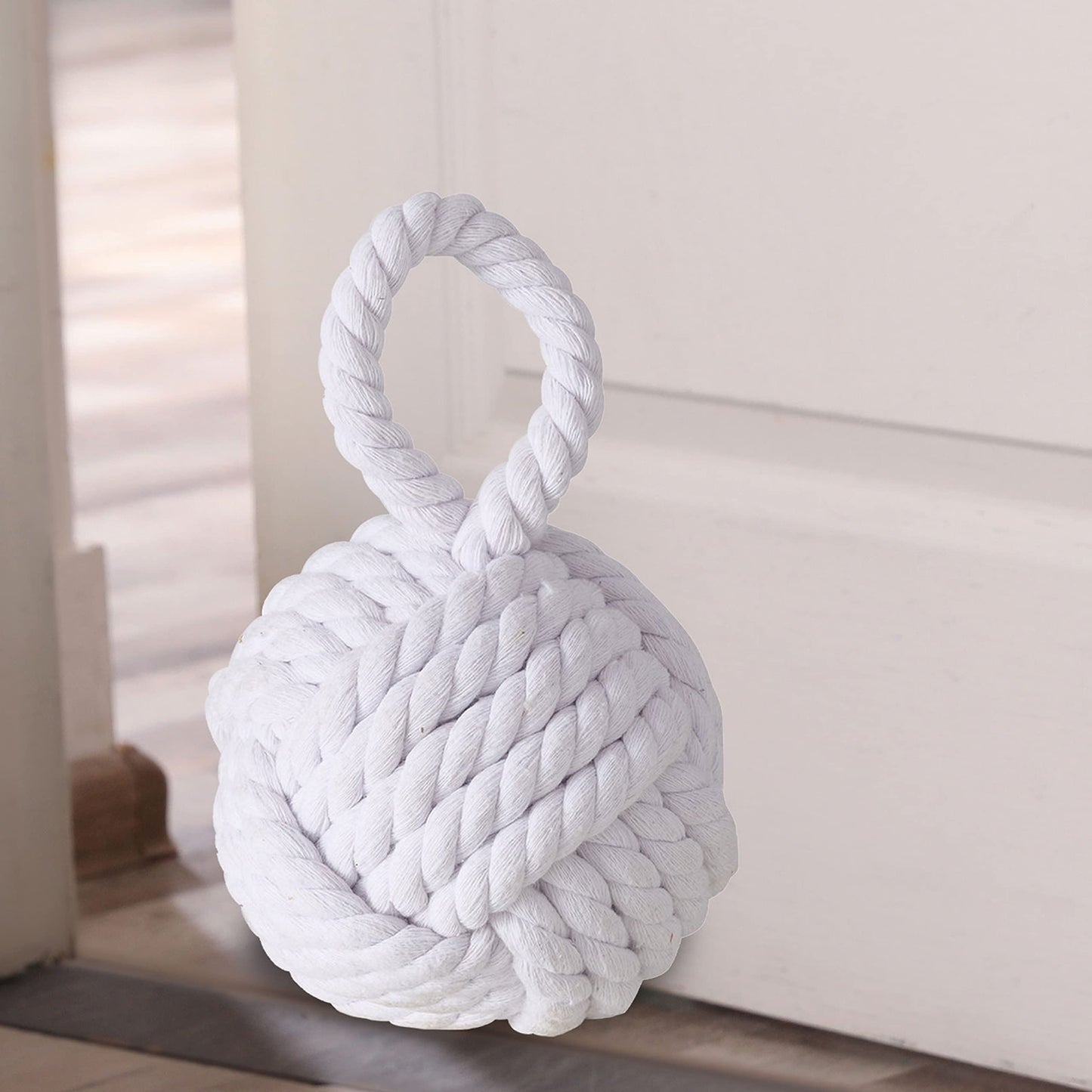 Nautical Knot Door Stopper, Set of 2, Grey and White, Natural Jute Rope, Hand Tied, Loop Handle, 6 D x 9 H inches, Weighted, 5.5 Pounds Together