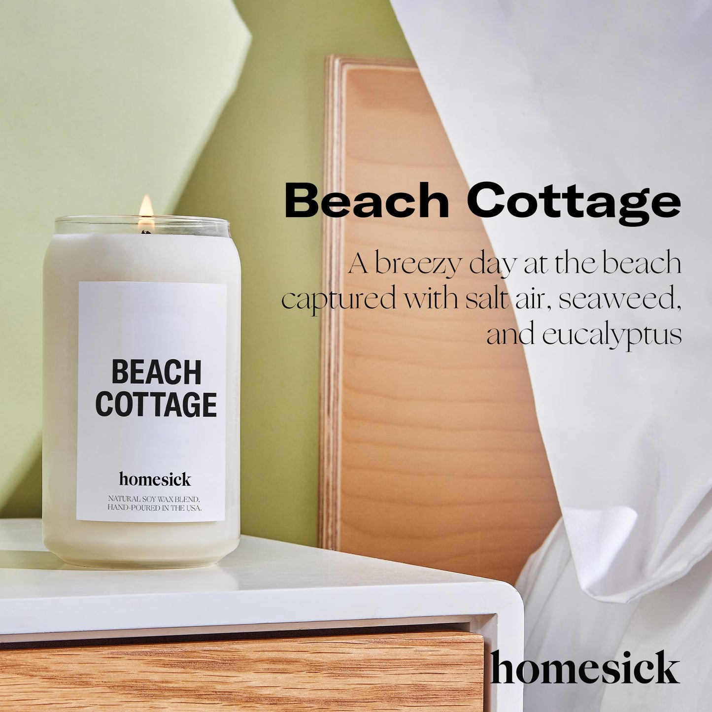 Homesick Scented Candles for Home (Beach Cottage) - Long-Lasting Natural Soy Wax Blend Jar Candle Gifts for Women & Men, 60-80 Hours Burn Time - Notes of Bergamot & Sandalwood
