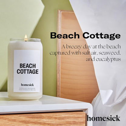 Homesick Scented Candles for Home (Beach Cottage) - Long-Lasting Natural Soy Wax Blend Jar Candle Gifts for Women & Men, 60-80 Hours Burn Time - Notes of Bergamot & Sandalwood