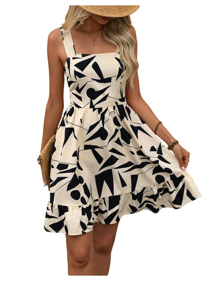 SweatyRocks Women's A Line Ruffle Beach Dress V Neck Sleeveless Tie Back Geometric Print Summer Dresses Multicolor L