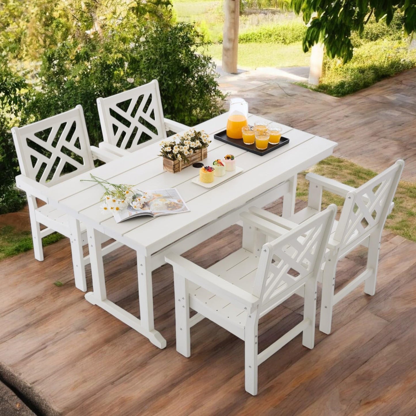 AXMOLM 5 Piece HDPE Outdoor Dining Set for 4, Patio Dining Furniture Set with Umbrella Hole, Outdoor Table and Chairs for Garden, Poolside, Backyard, Deck