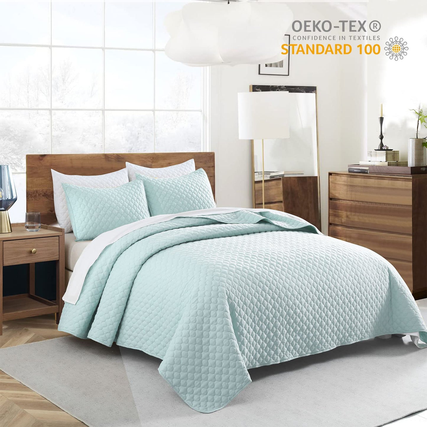 HORIMOTE HOME Quilt King Size Aqua Blue, Lightweight Quilt for Summer, Ultra-Soft Microfiber Modern Style Quilted Clouds Pattern Bedspread Quit Set 3 Pieces(1 Quilt and 2 Pillow Shams)