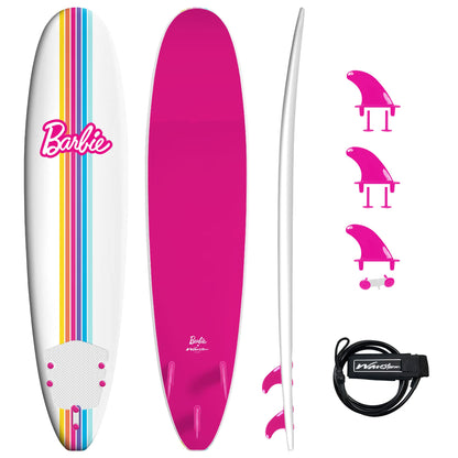 Barbie™ Signature 8ft Surfboard by Wavestorm | Graphic top Deck with high Density Slick Bottom | for Kids and Adults |Foam Construction with Accessories | Leg Leash and Fin Set Included,White