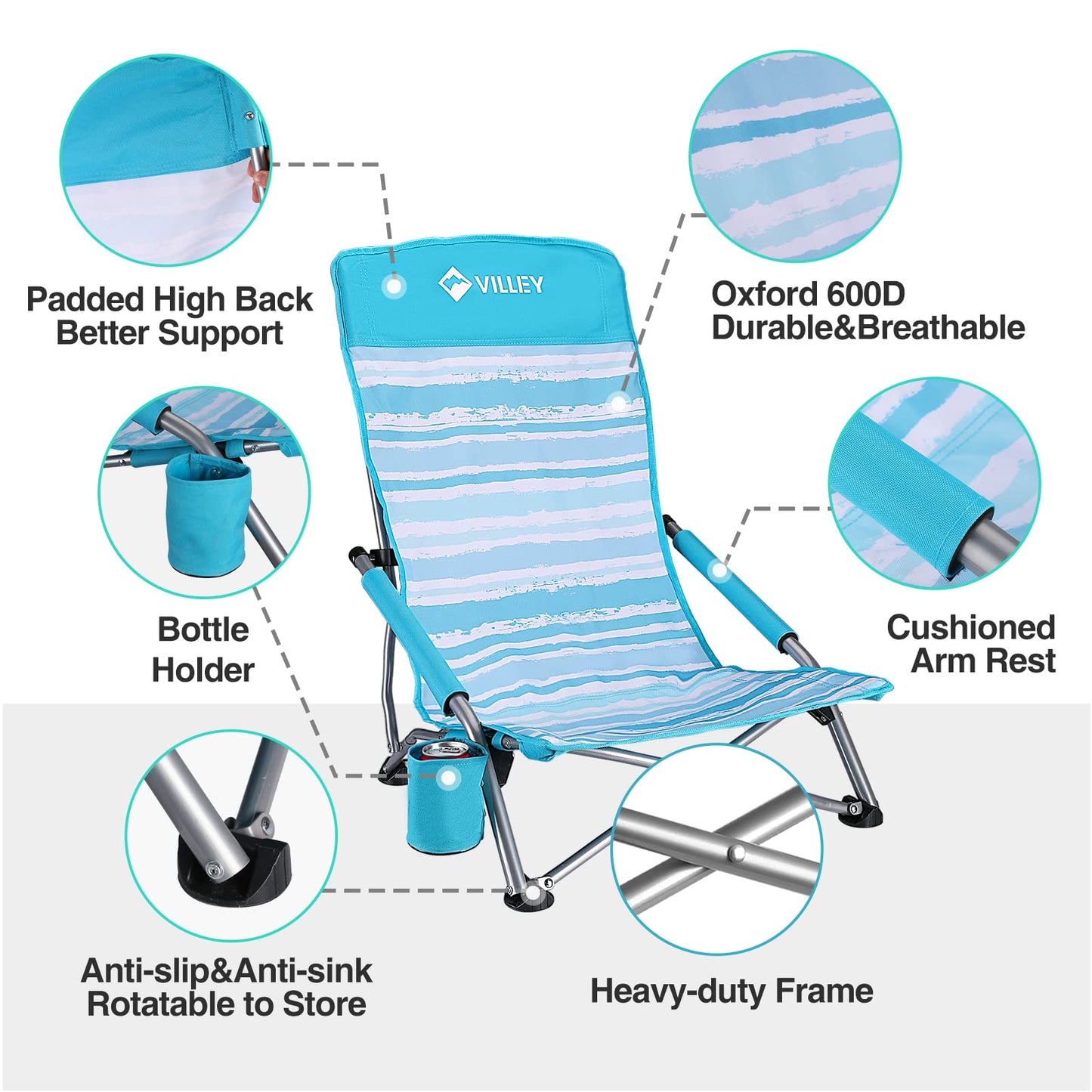 VILLEY Low Beach Chair, High Back Folding Chair for Adults, Lightweight and Portable for Outdoor, Camping, Lawn, Music Festival, with Cup Holder and Carry Bag - Blue Stripes