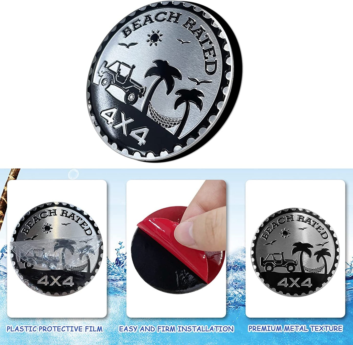 Beach Badge Rated Car Emblem, 4 x 4 Metal Automotive Badge 3D Metal Car Badges Emblems Round Emblem Decals Badge Decals Stickers Compatible with Jeep Wrangler Vehicles Trucks SUV
