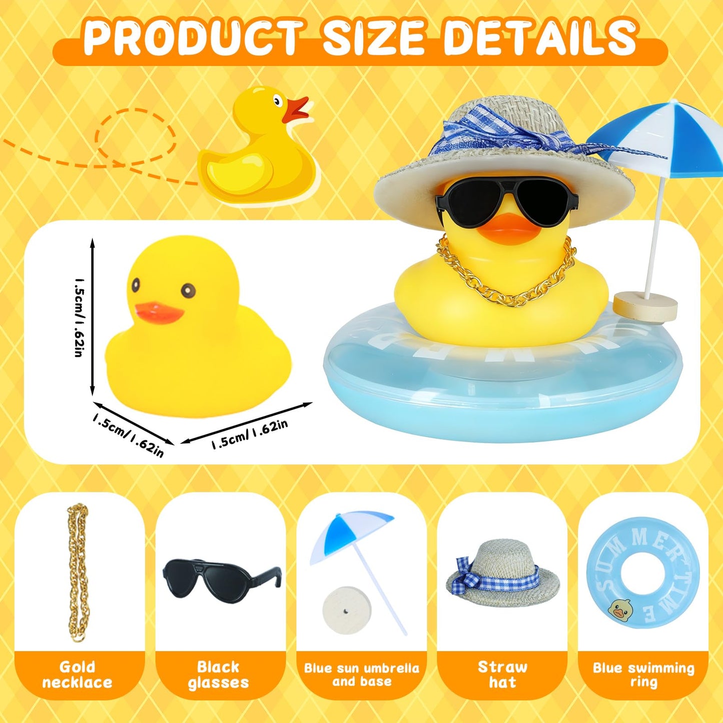 Rubber Duck with Blue Hat, Swimming Ring, Sunglasses, Gold Necklace & Sun Umbrella - Cute Car Decor for Jeep, Summer Beach Party, Home Desk Decoration, DIY Accessories