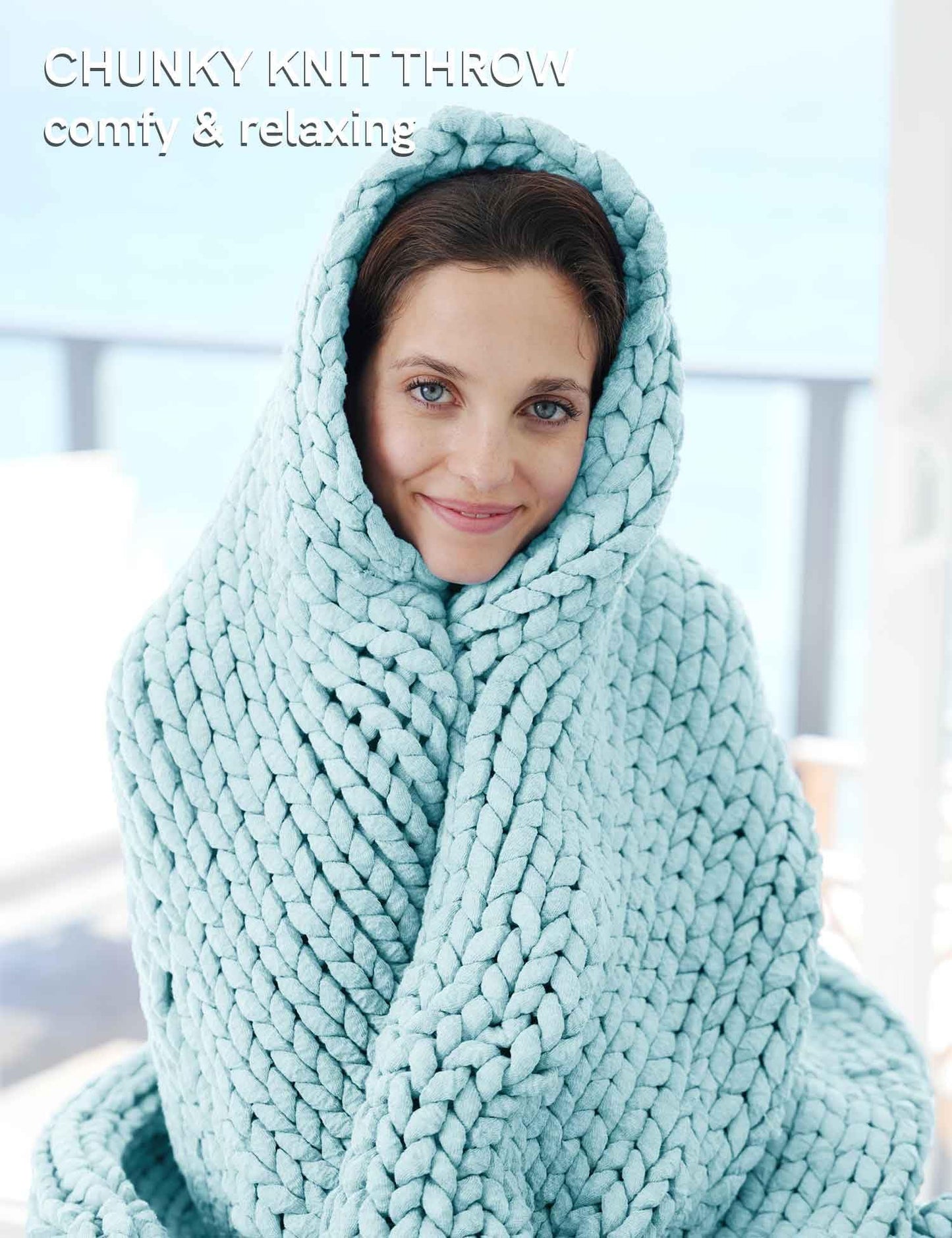 YnM Chunky Throw Blanket, Medium-Weight, Hand Knitted, Skin Friendly, Ventilated and Breathable, Machine Washable, Home Décor Piece for Couch, Sofa and Bed (Aqua Blue, 60x80 Inch)