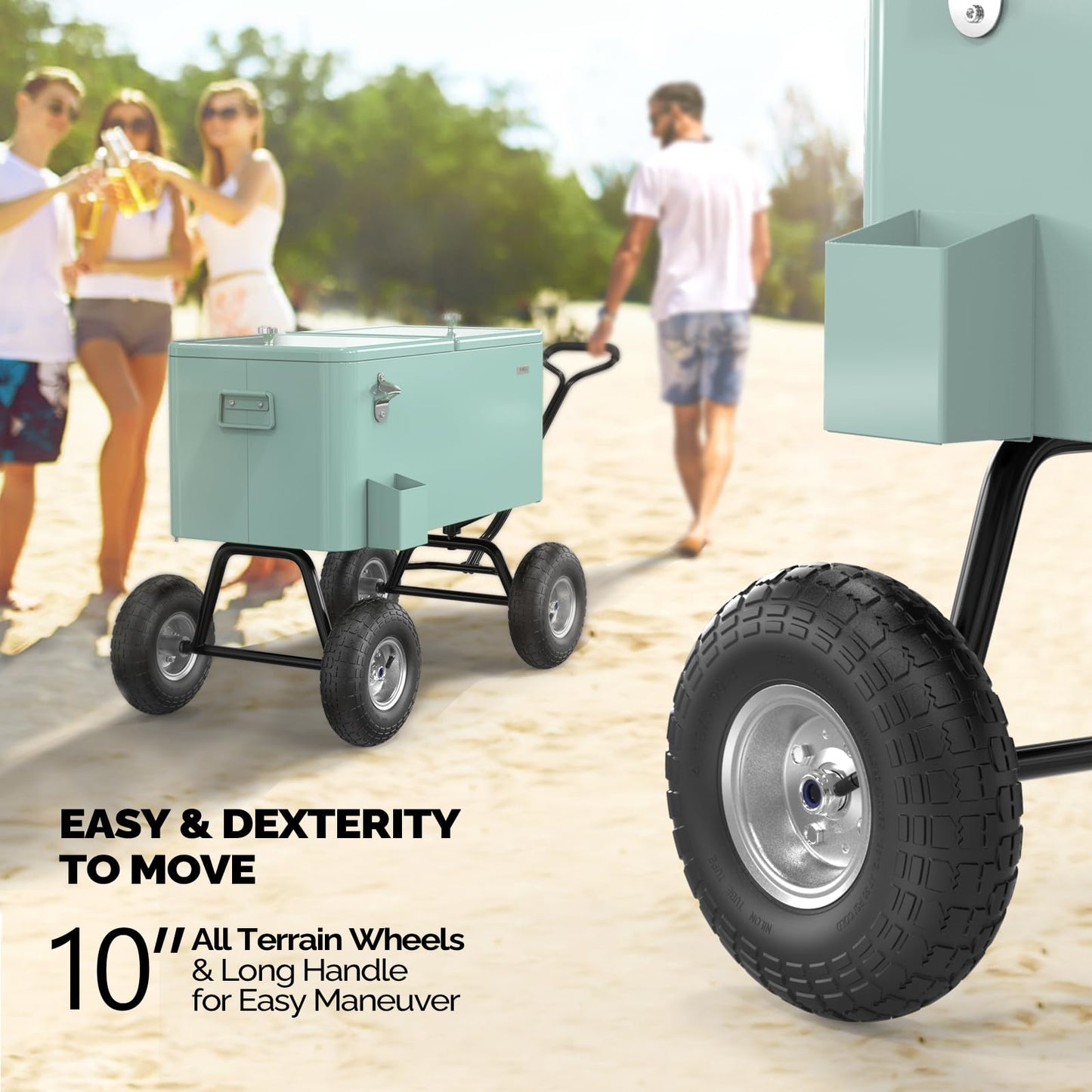 VINGLI 80 Quart Wagon Rolling Cooler Ice Chest, Patio Cooler w/Long Handle and 10" Wheels, Beach Patio Party Bar Cold Drink Beverage Cart