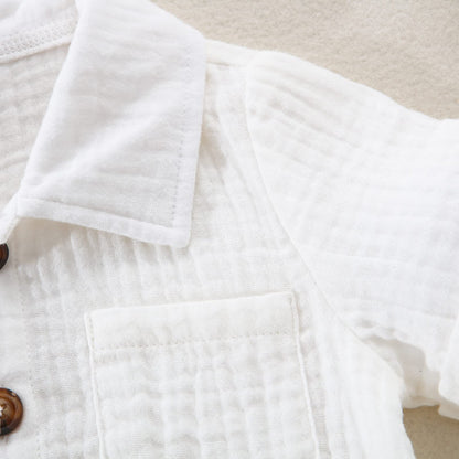 Baby Boys Clothes Set Toddler Infant Boys Button-down Shirt Tops + Cotton Gauze Shorts Summer Outfit 2PCS with Pockets (White, 6-12 Months)