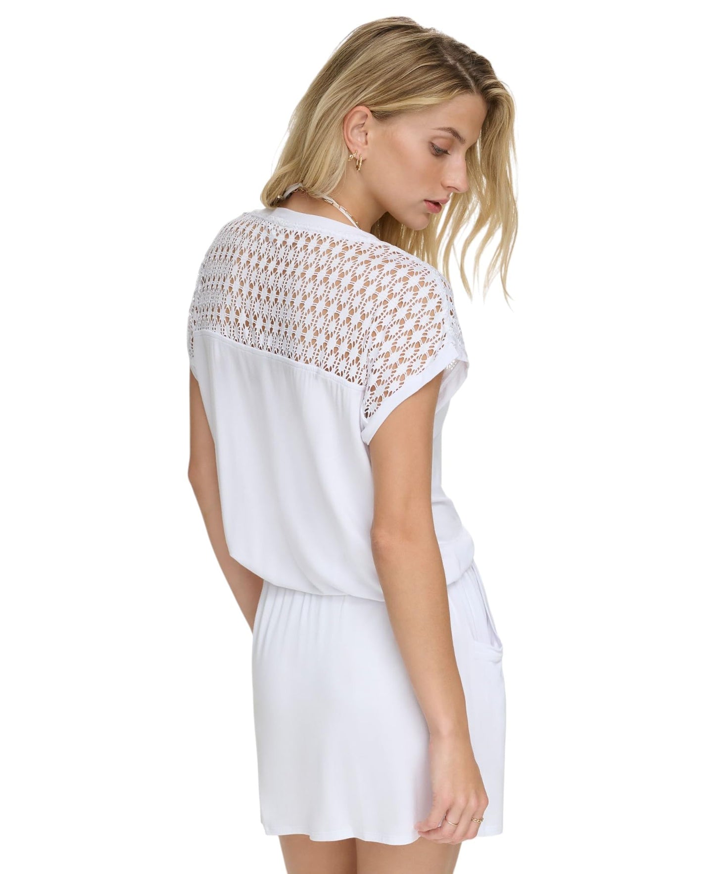 Calvin Klein Women's Crochet-Shoulder Tunic Cover Up (White, Large/X-Large)