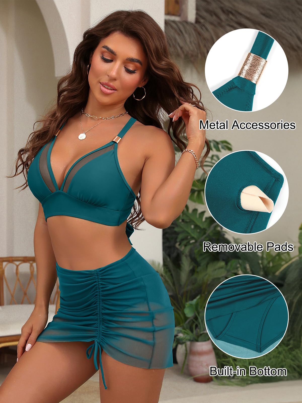 Blooming Jelly Womens High Waisted Bikini Sets Tummy Control Swimsuits Swim Skirt Swim Suits 2026 2XL, Peacock Green