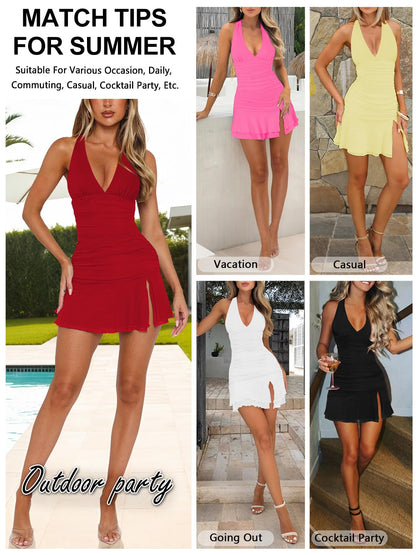 MIYIEONZ Women Sexy Halter Deep V Neck Ruched Bodycon Dress Summer Side Slit Mesh Hem Cocktail Club Party Going Out Large Black Short Mini Dresses
