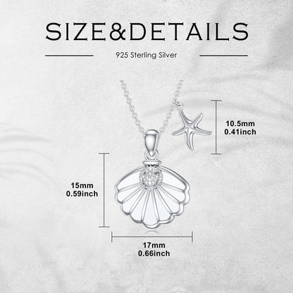 LWXIE Diamond Shell Starfish Necklace 925 Sterling Silver Sea Shell Charm Necklace for Women Beach Jewelry Gifts for Birthday