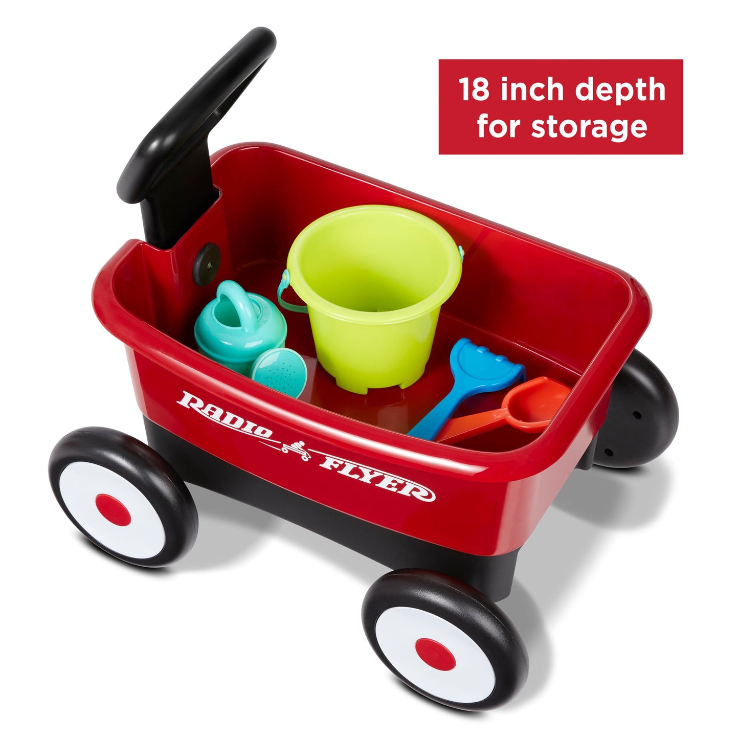 Radio Flyer My 1st Wagon 2-in-1 Walker & Pull Wagon with Beach and Garden Tools for Toddlers Ages 1-4, Red