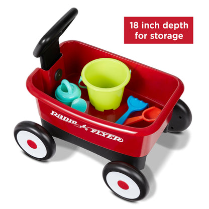 Radio Flyer My 1st Wagon 2-in-1 Walker & Pull Wagon with Beach and Garden Tools for Toddlers Ages 1-4, Red