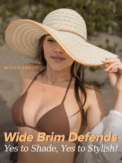 Sun Beach Hats for Women Summer Floppy Wide Brim Sunhat Packable Foldable Lace Travel Vacation Beige