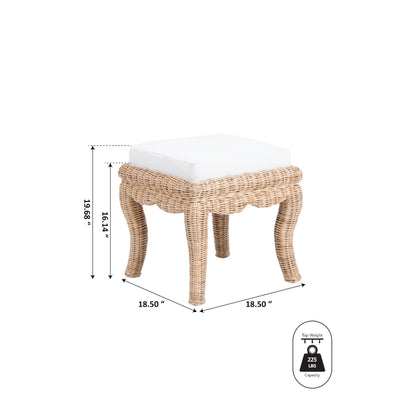 JONATHAN Y VSL1000A Rowan 19.7" Bohemian Designer Woven Rattan/Wood Vanity Stool, White Cushion with Natural Frame, for Living Room, Bedroom, Entryway, Foyer