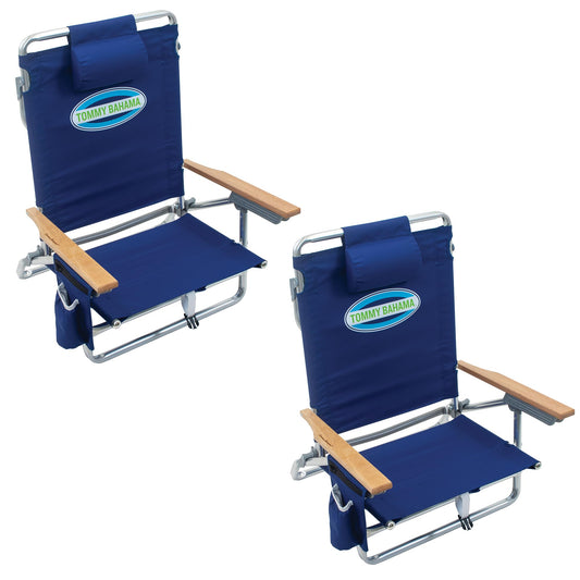 Tommy Bahama 2-Pack 5-Position Classic Lay Flat Backpack Beach Chair with Cooler and Cup Holder, Portable Folding Beach Chair for Tanning, Navy