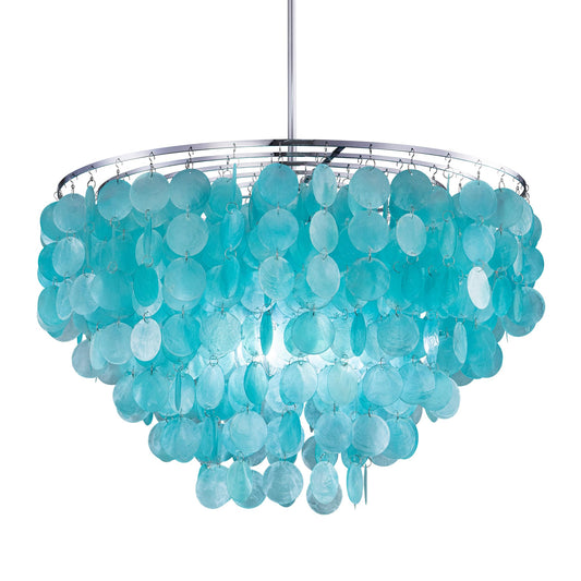 Wellmet Natural Capiz Shell Chandelier, 6 Lights Coastal Modern Blue Capiz Chandelier Pendant Lighting, Hanging Round Layered Chandelier for Living Room, Bedroom, Kitchen, Foyer, 23.62” D