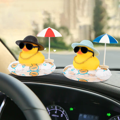 wonuu Rubber Duck Car Ornaments Dashboard Decorations for Cute Accessories with Straw Hat Necklace Sun Umbrella and Sunglasses, Blue