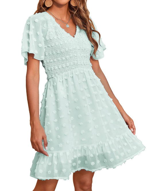 BTFBM Womens Beach Vacation Dress Summer 2026 V Neck Short Sleeve Smocked Swiss Dot Ruffle Casual Spring Mini Dresses(Light Green, XX-Large)
