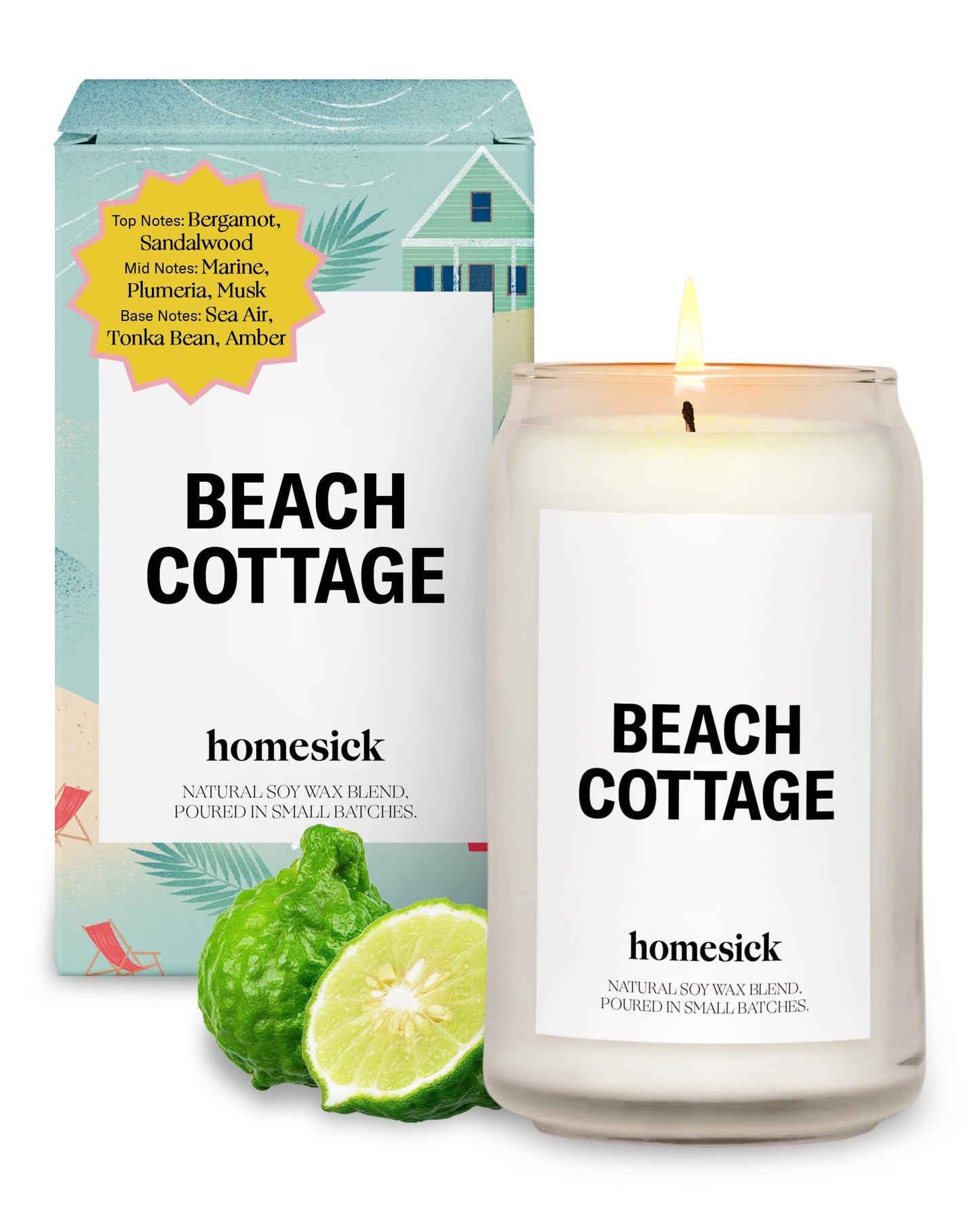 Homesick Scented Candles for Home (Beach Cottage) - Long-Lasting Natural Soy Wax Blend Jar Candle Gifts for Women & Men, 60-80 Hours Burn Time - Notes of Bergamot & Sandalwood