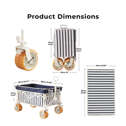 DEER LAND Beach Wagon Cart with Big 6.7" Fat Tires, Foldable Sand Wagon for Beach, Camping & Outdoor Use – Large Capacity, Easy Pull Design, Heritage Navy Stripe