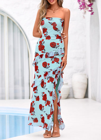 BTFBM Off The Shoulder Dresses for Women Summer 2026 Strapless Ruffle Sundress Slit Formal Cocktail Wedding Guest Dress(Floral Blue Rose, XX-Large)