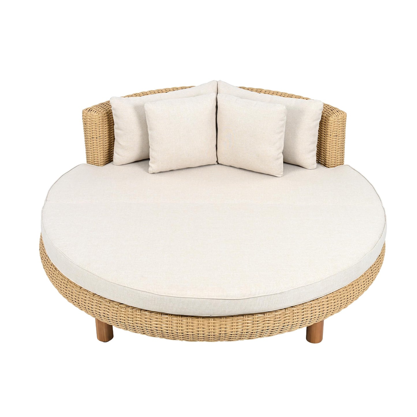 Scott Living Jennie Outdoor Round Wicker Daybed with Water-Resistant Beige Cushions and Pillows, Garden Daybed Sofa, PE Rattan Patio Lounger for Garden, Poolside, Natural+Beige